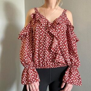 Orange & White Floral Ruffle Flowy Cold Shoulder Long Sleeve Top - Size Small